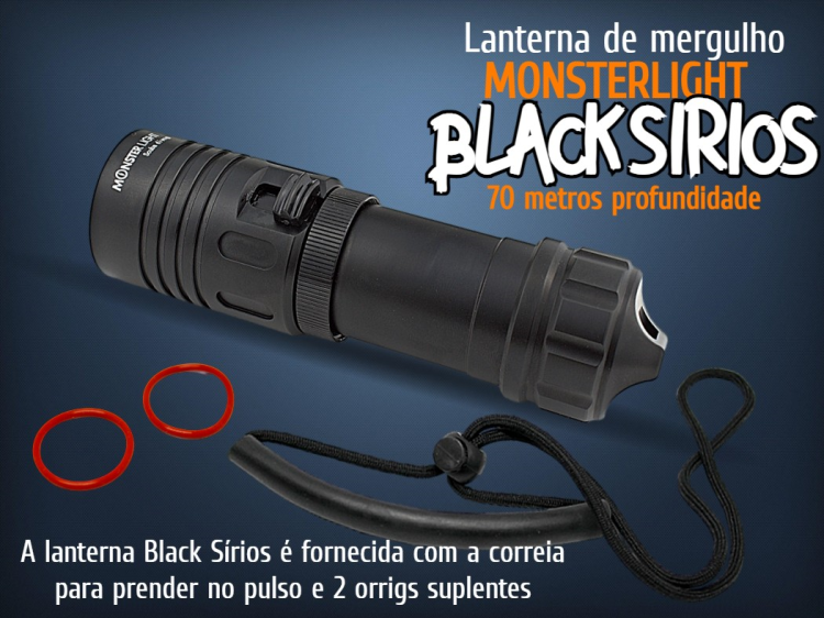 Kit lanterna mergulho Monsterlight Black Sírios com bateria recarregável 