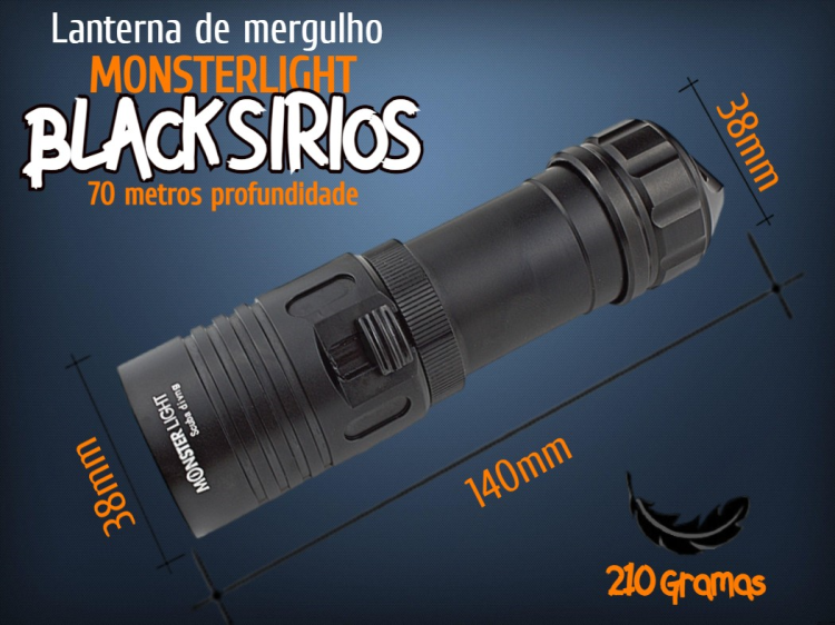 Kit lanterna mergulho Monsterlight Black Sírios com bateria recarregável 