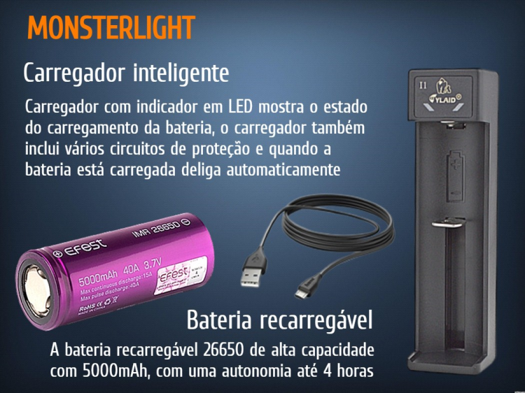 Kit lanterna mergulho Monsterlight Black Sírios com bateria recarregável 