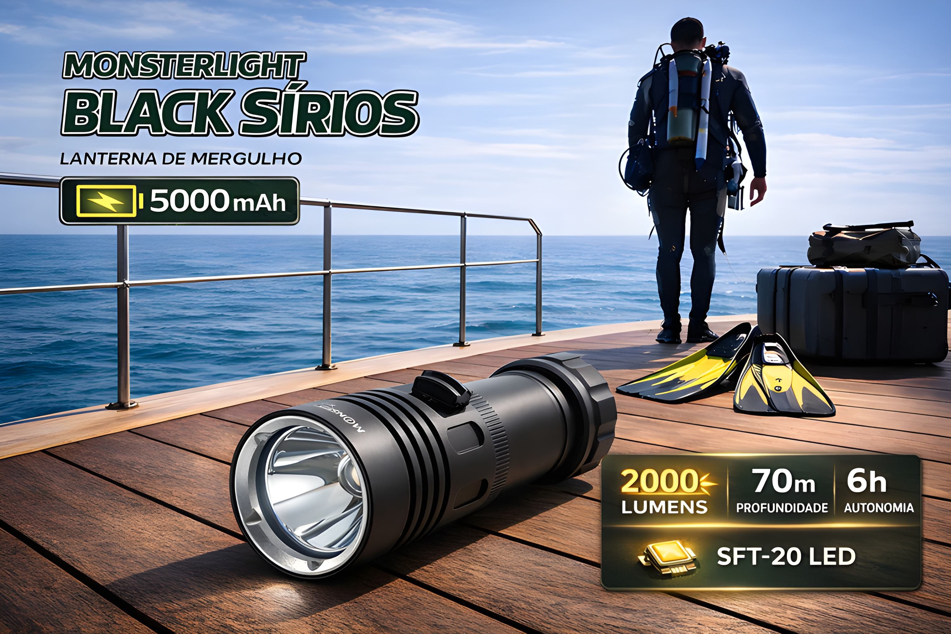 Kit lanterna mergulho Monsterlight Black Sírios com bateria recarregável 
