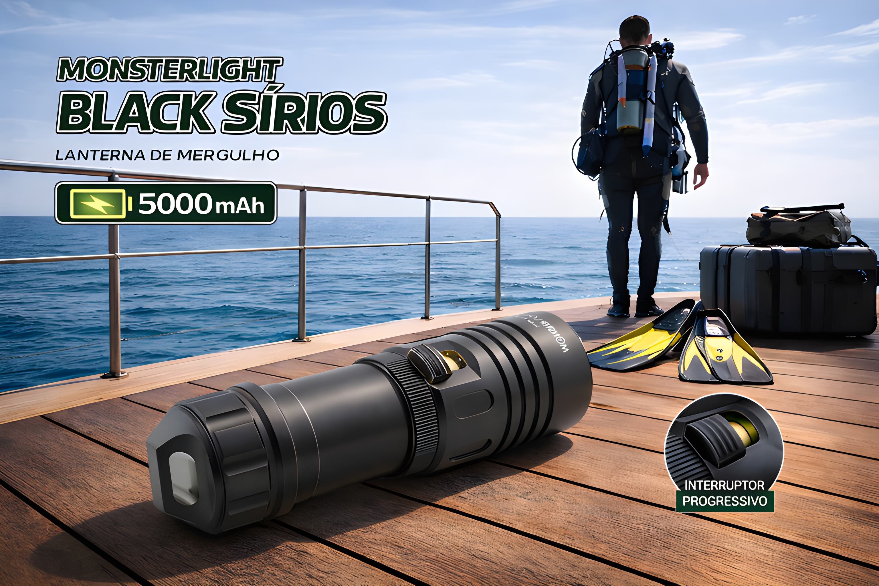 Kit lanterna mergulho Monsterlight Black Sírios com bateria recarregável 