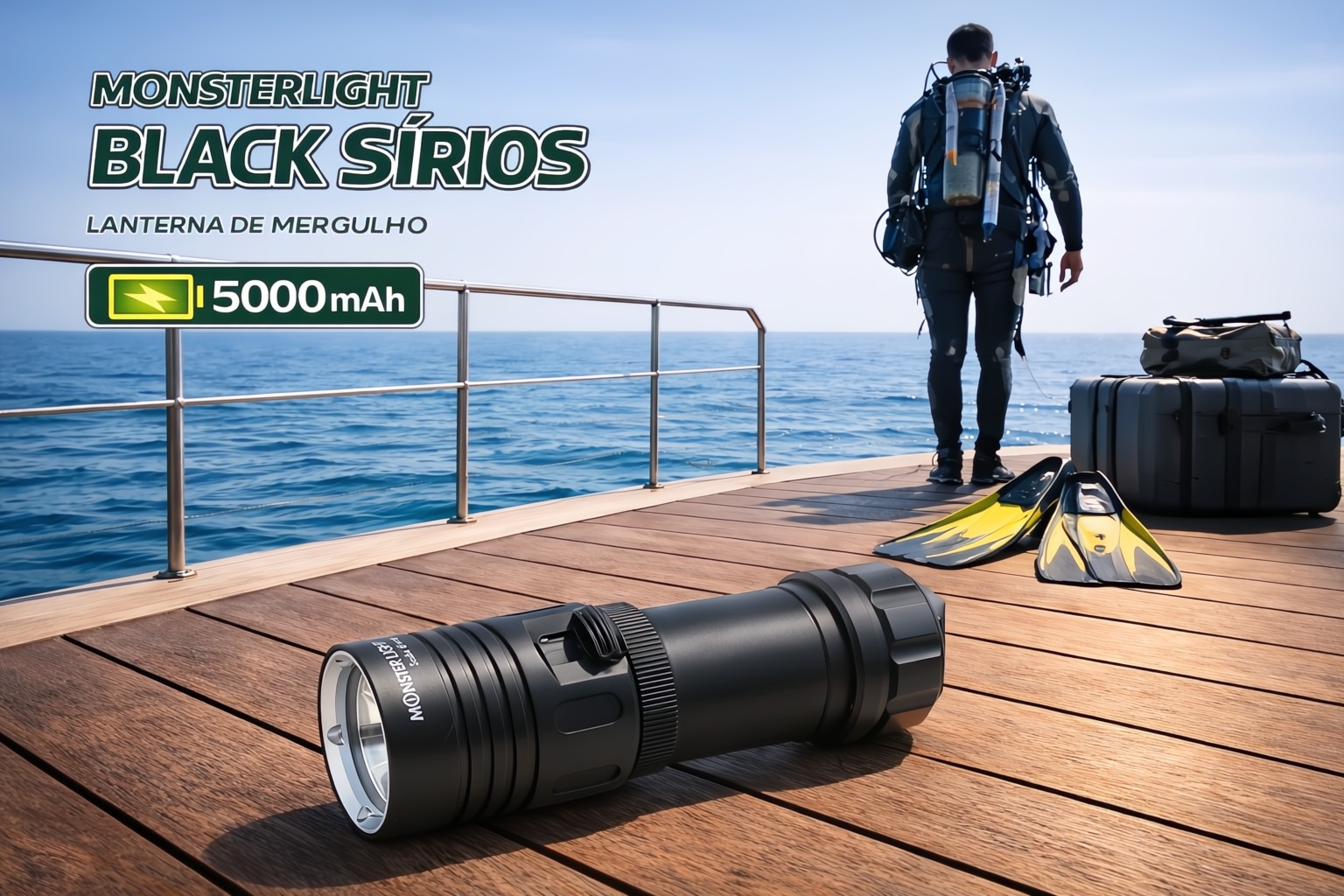 Kit lanterna mergulho Monsterlight Black Sírios com bateria recarregável 