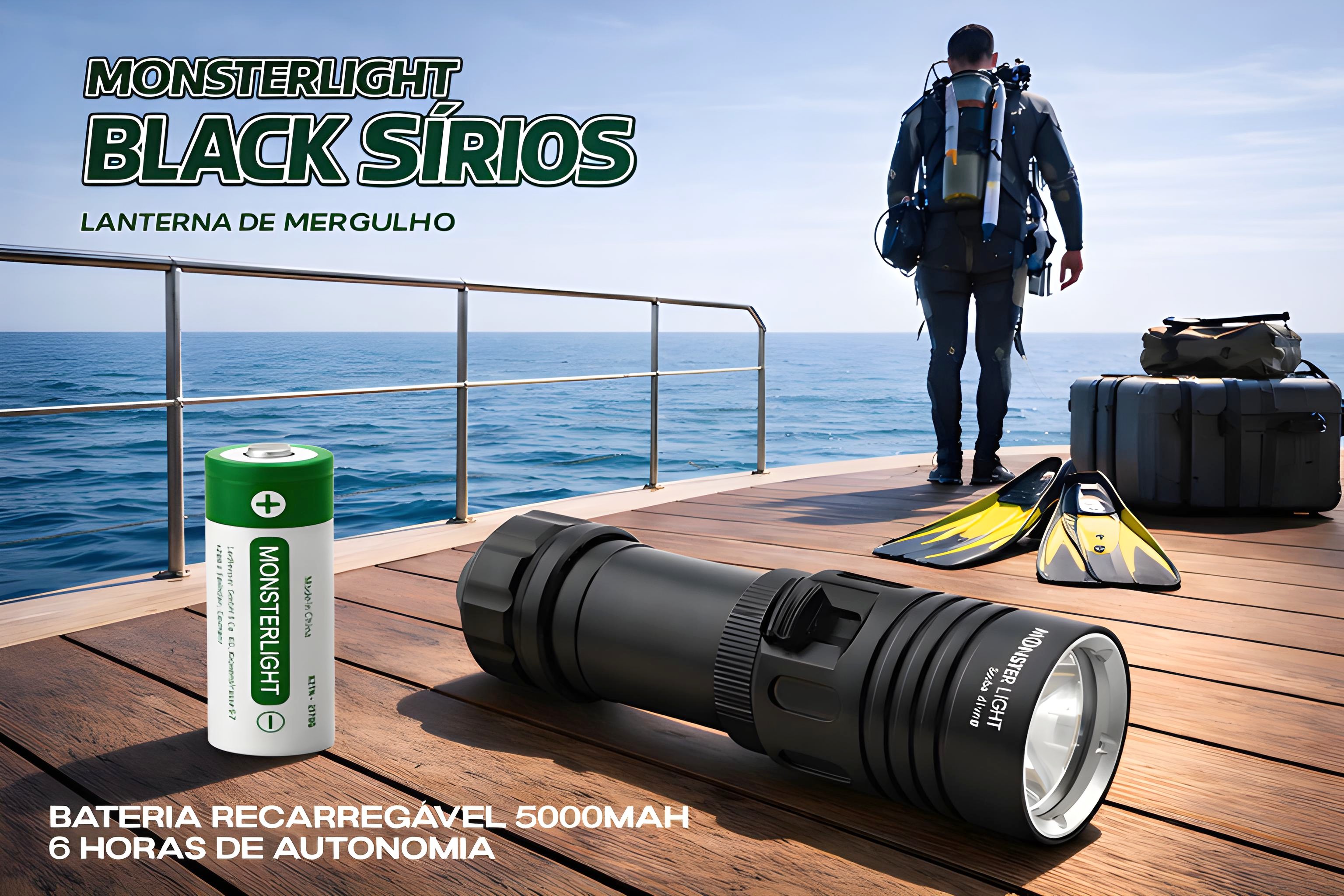 Kit lanterna mergulho Monsterlight Black Sírios com bateria recarregável 