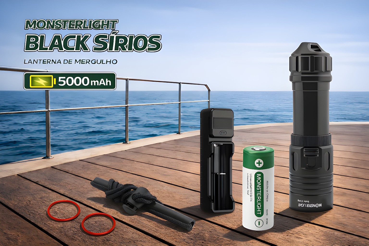 Kit lanterna mergulho Monsterlight Black Sírios com bateria recarregável 