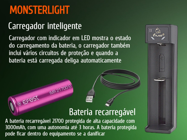 Kit lanterna mergulho MonsterLight Cosmos D26 com bateria recarregável 