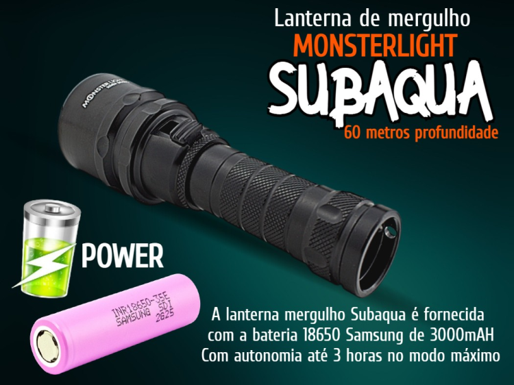 Kit lanterna mergulho MonsterLight Subaqua com bateria recarregável Samsung 