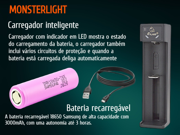 Kit lanterna mergulho MonsterLight Subaqua com bateria recarregável Samsung 