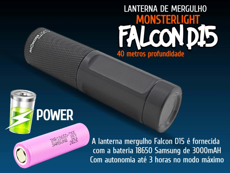 Kit lanterna mergulho MonsterLight Falcon D15 com bateria Samsung 