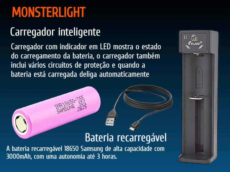 Kit lanterna mergulho MonsterLight Falcon D15 com bateria Samsung 