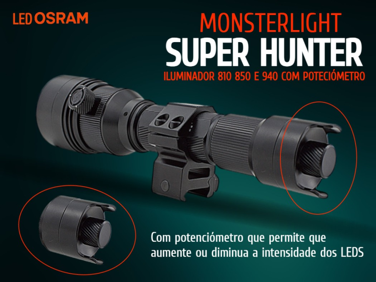 Kit iluminador MonsterLight Super Hunter com 3 LEDS 810nm 850nm e 940nm com potenciómetro 