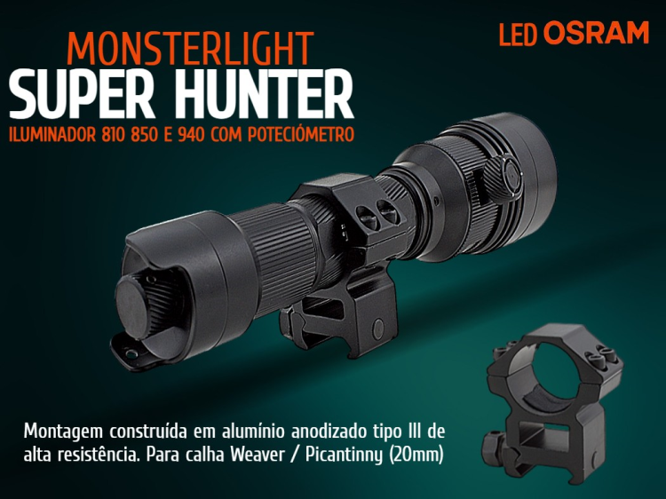 Kit iluminador MonsterLight Super Hunter com 3 LEDS 810nm 850nm e 940nm com potenciómetro 