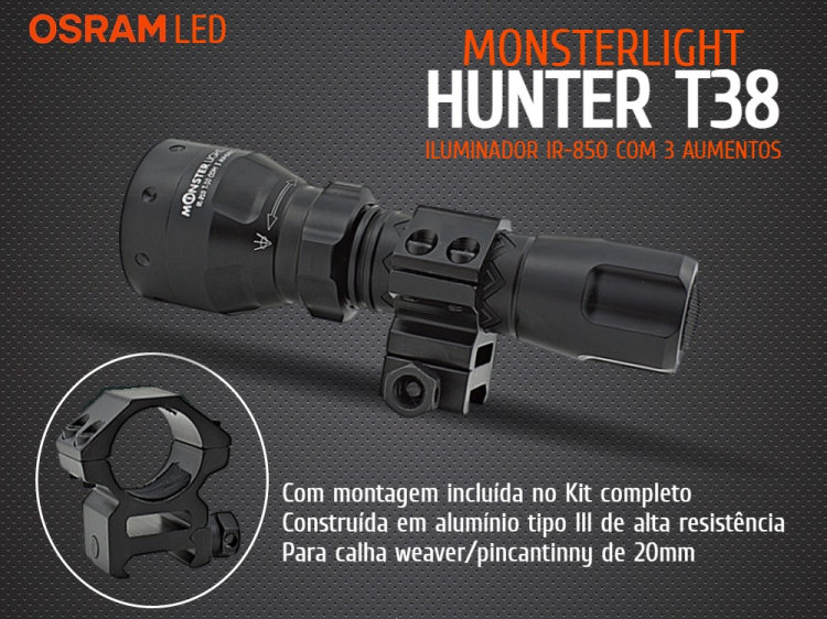 Kit iluminador IR-850nm MonsterLight Hunter T-38 com 3 aumentos e zoom 