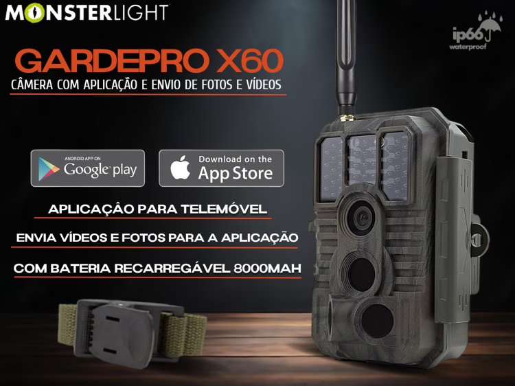 Câmera GardePro X60 LTE com bateria e aplicação para o telemóvel