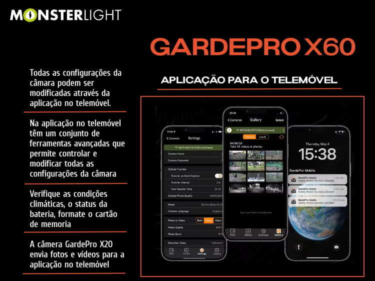 Câmera GardePro X60 LTE com bateria e aplicação para o telemóvel 