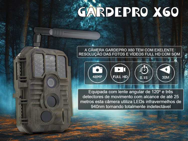 Câmera GardePro X60 LTE com bateria e aplicação para o telemóvel 