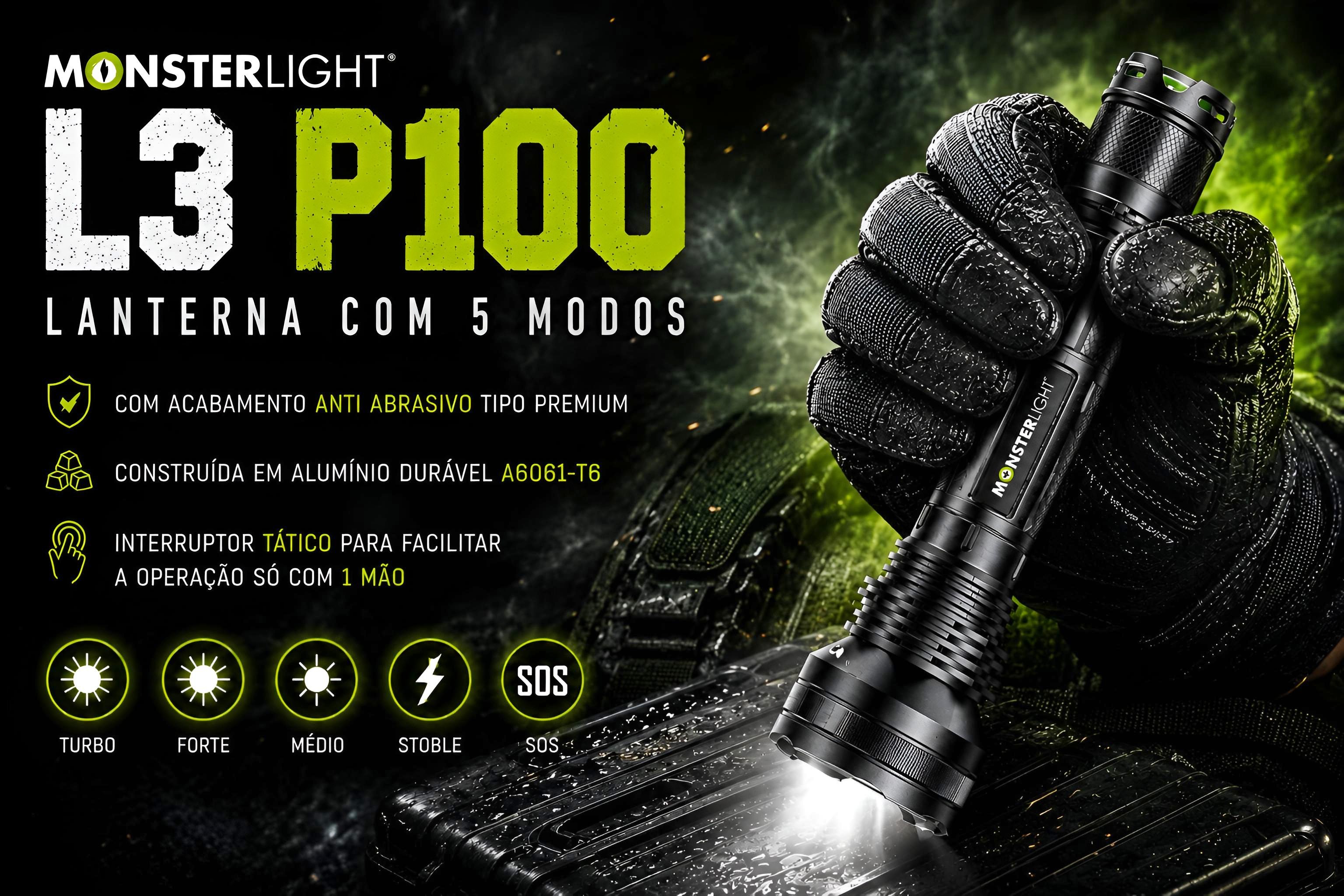 Lanterna Monsterlight L3 P100 com baterias recarregáveis 