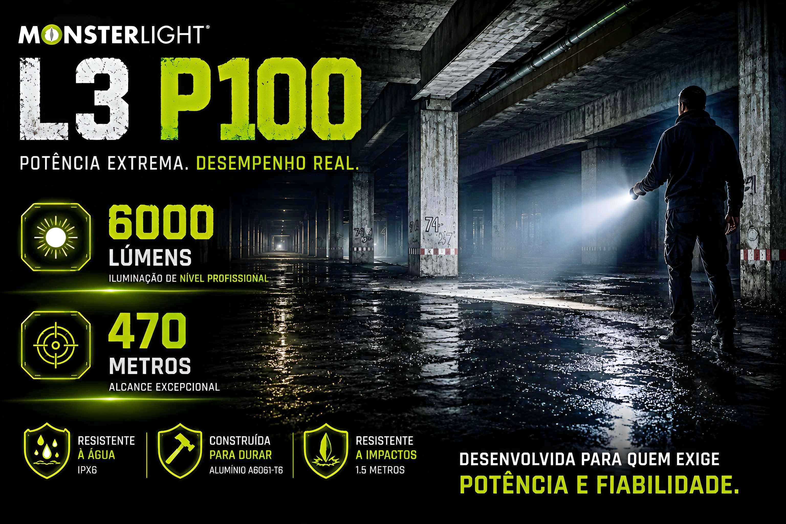 Lanterna Monsterlight L3 P100 com baterias recarregáveis 