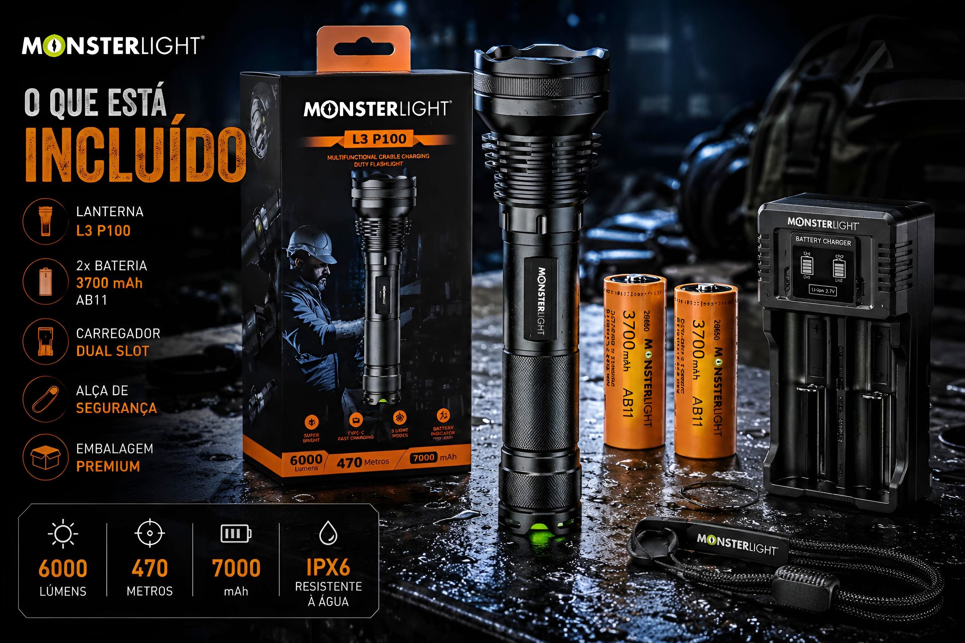 Lanterna Monsterlight L3 P100 com baterias recarregáveis 