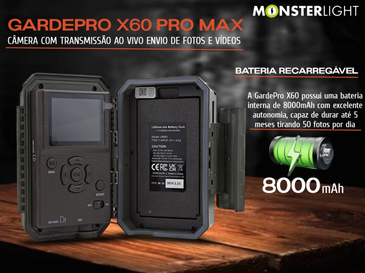 Câmera GardePro X60 Pro Max com bateria aplicação e transmissão em direto 