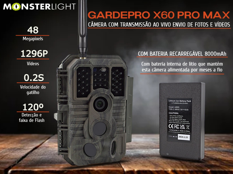 Câmera GardePro X60 Pro Max com bateria aplicação e transmissão em direto 