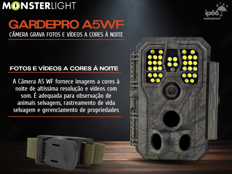 Câmera caça ou vigilância GardePro A5 WF grava fotos e vídeos a cores á noite