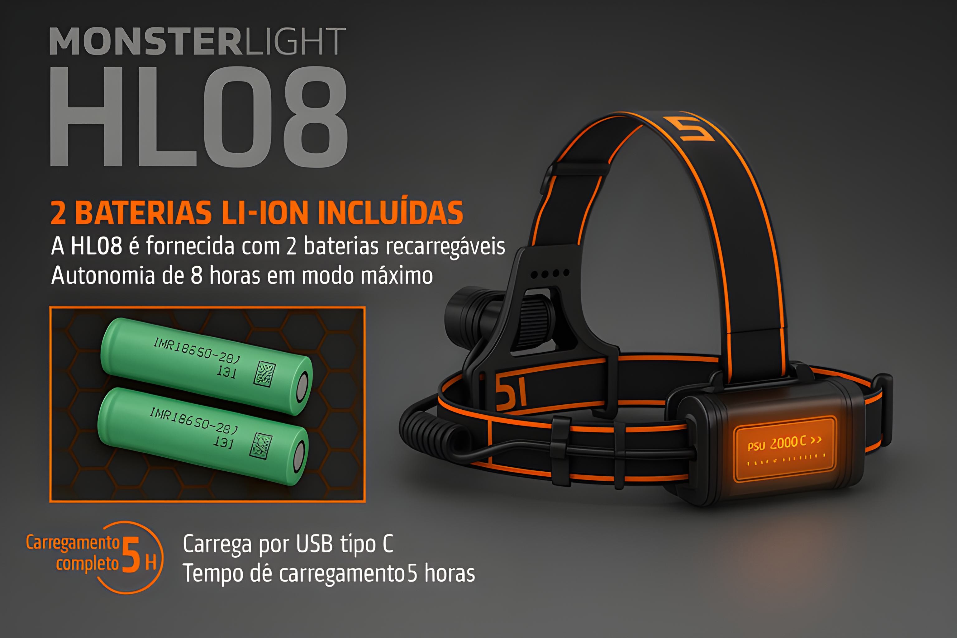 Lanterna de cabeça HL08 com baterias recarregáveis 