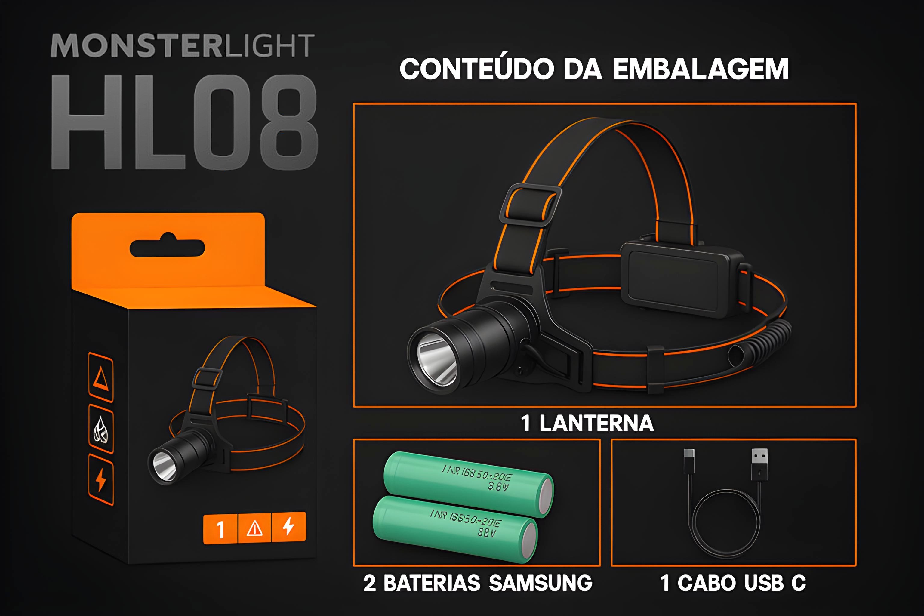 Lanterna de cabeça HL08 com baterias recarregáveis 