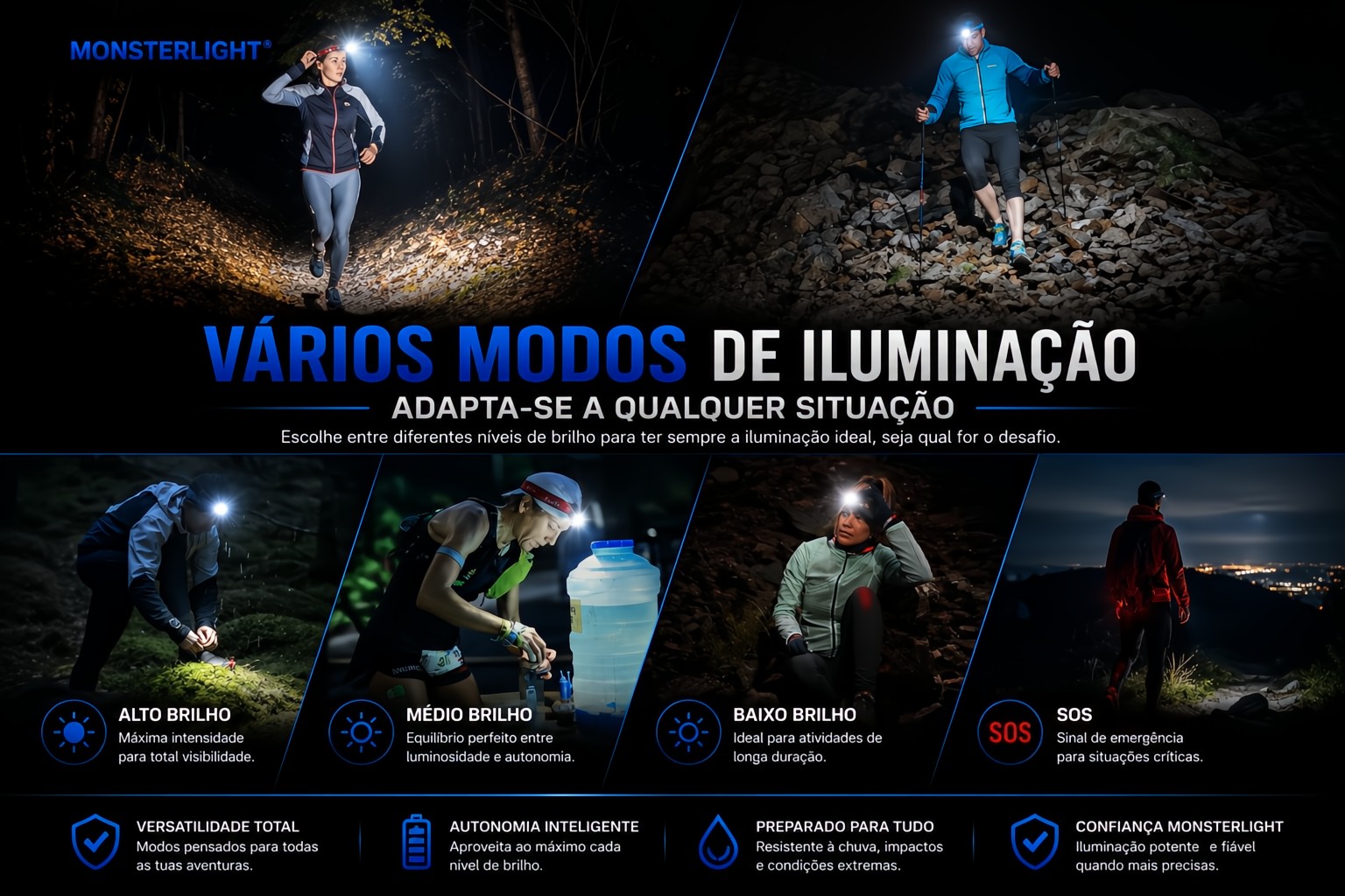 Lanterna de cabeça recarregável Monsterlight Triplex Blue 