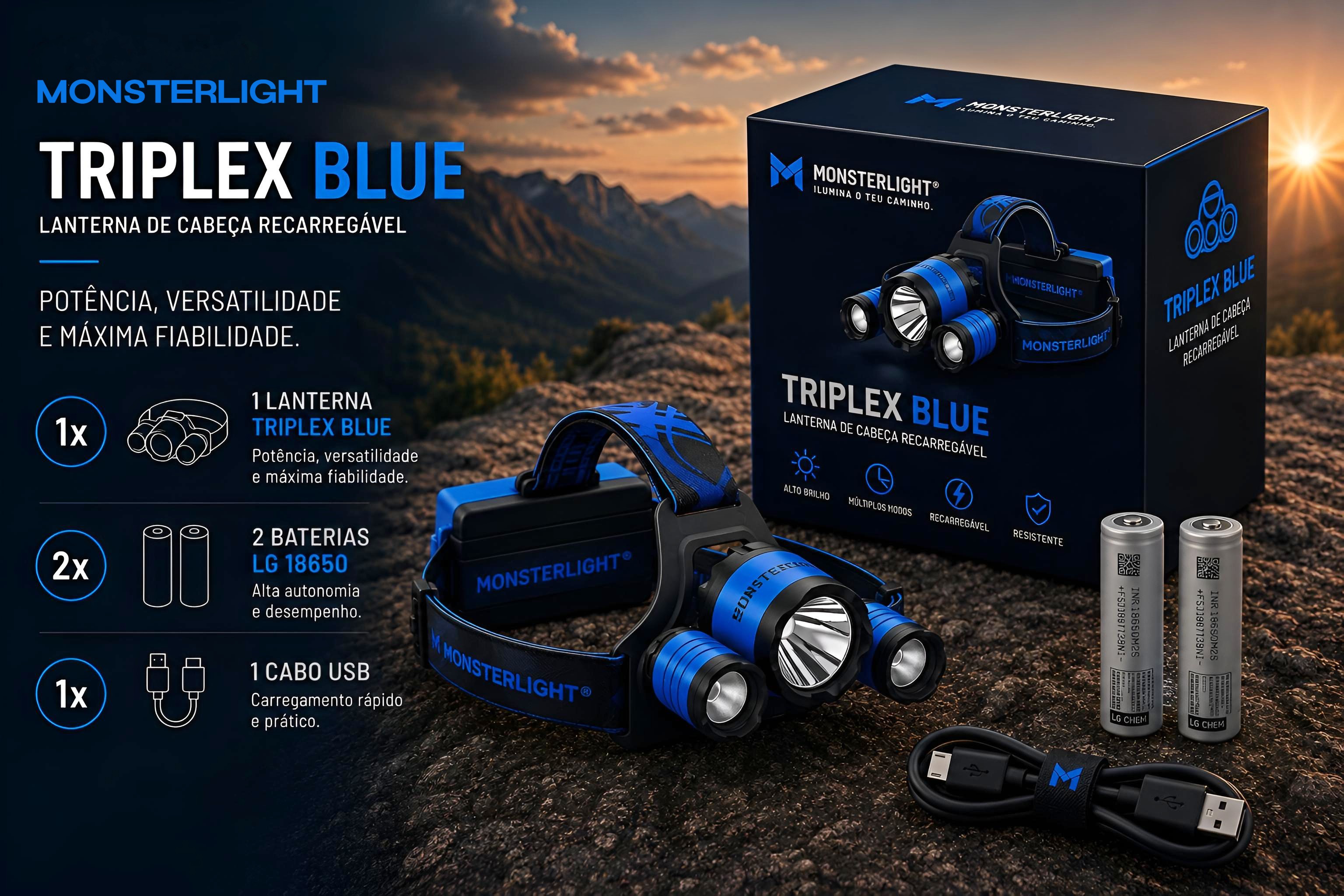 Lanterna de cabeça recarregável Monsterlight Triplex Blue 