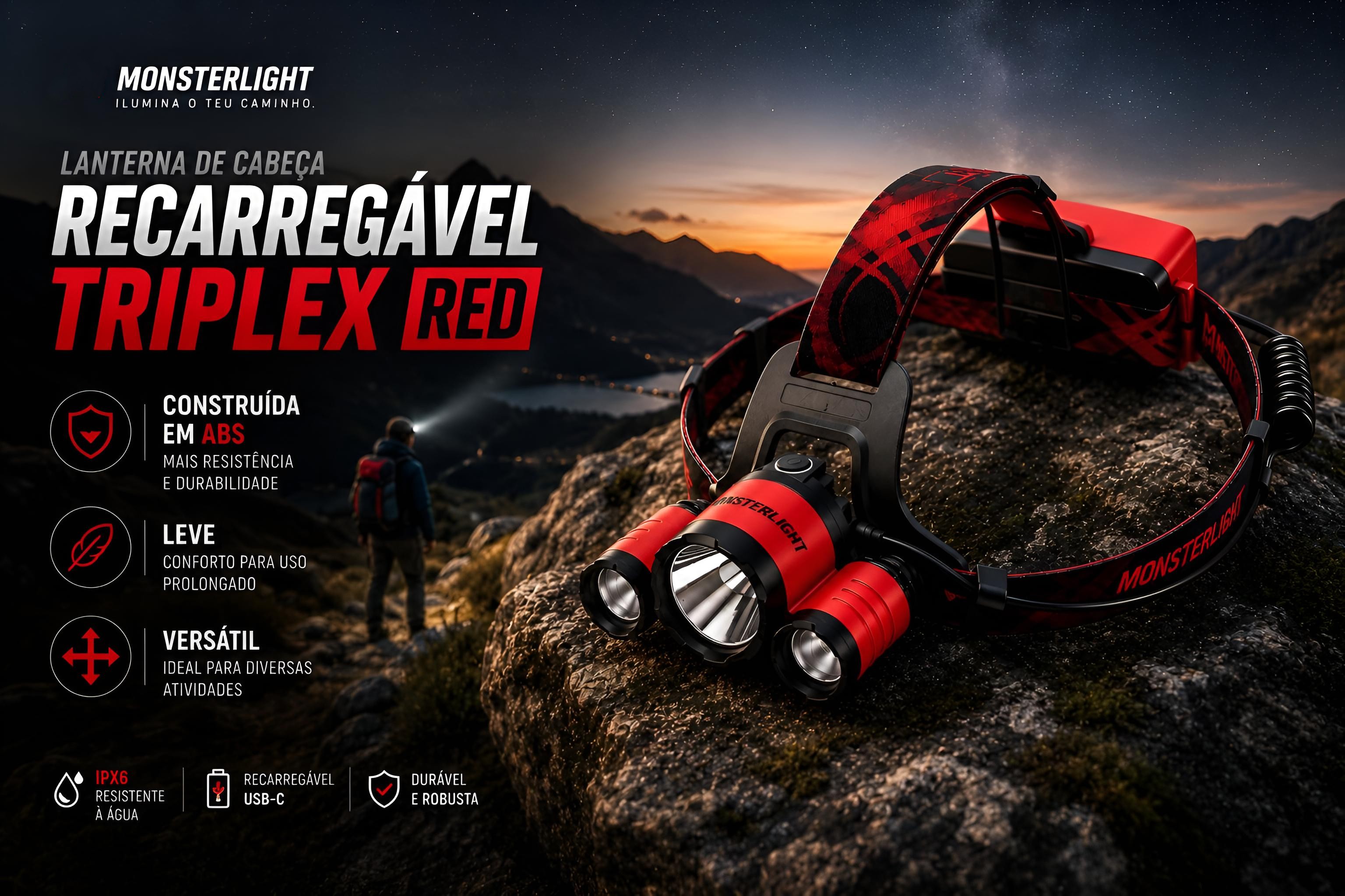 Lanterna de cabeça recarregável Monsterlight Triplex red 