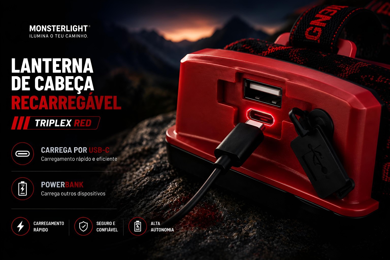 Lanterna de cabeça recarregável Monsterlight Triplex red 