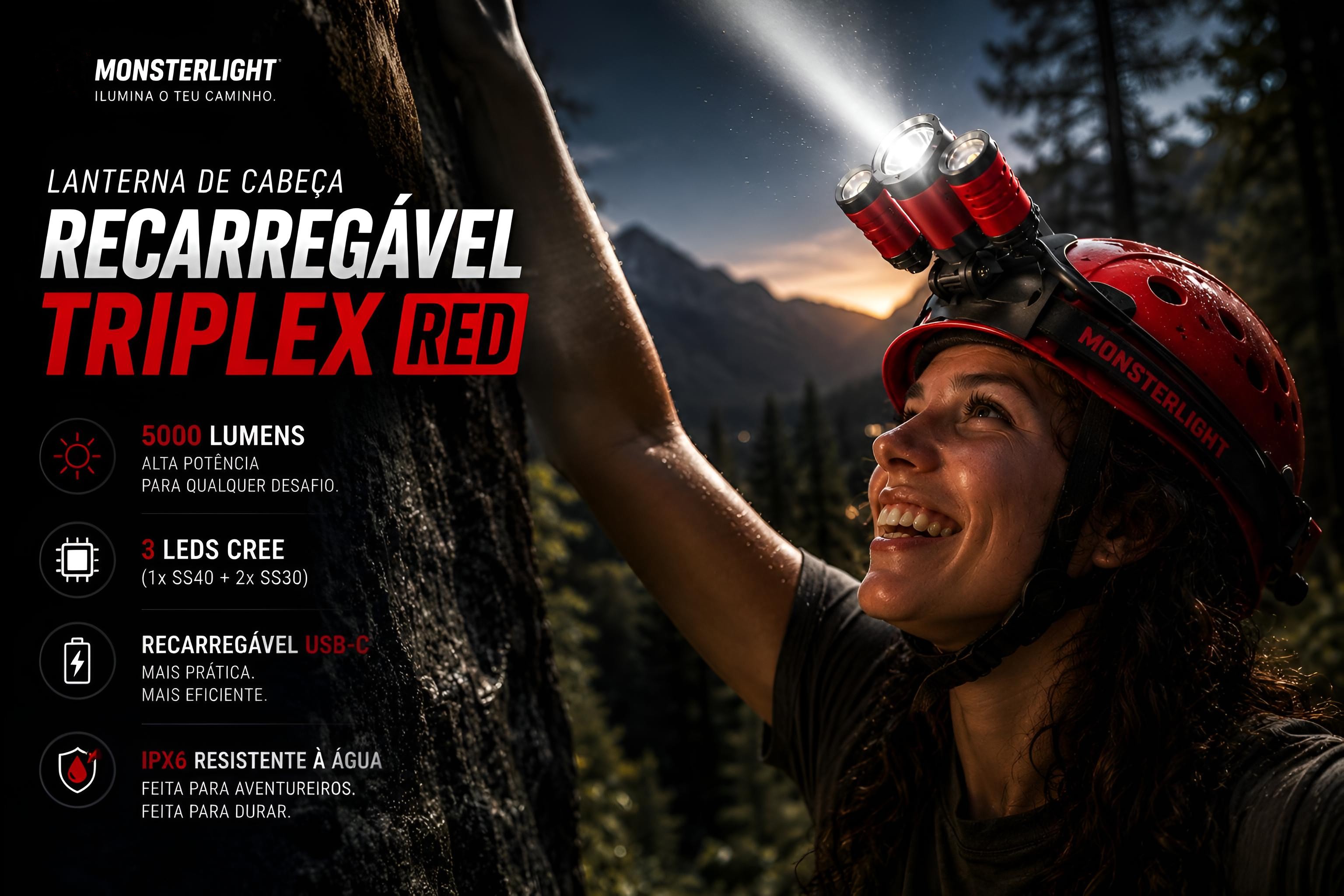 Lanterna de cabeça recarregável Monsterlight Triplex red 