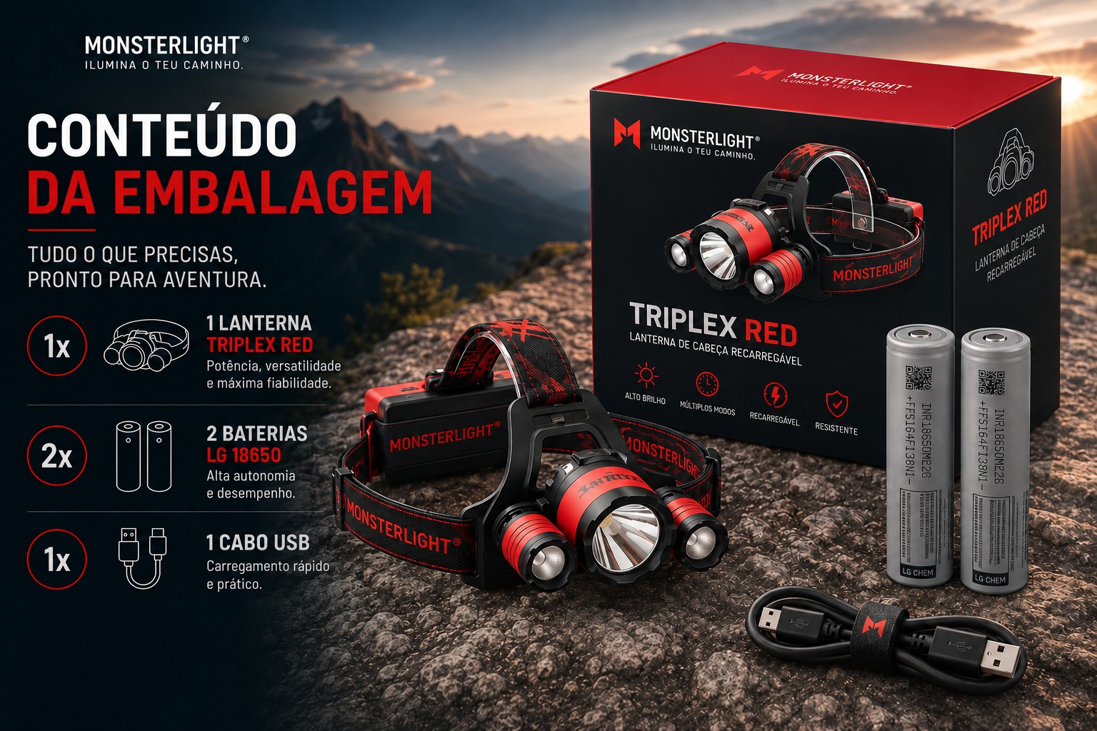 Lanterna de cabeça recarregável Monsterlight Triplex red 