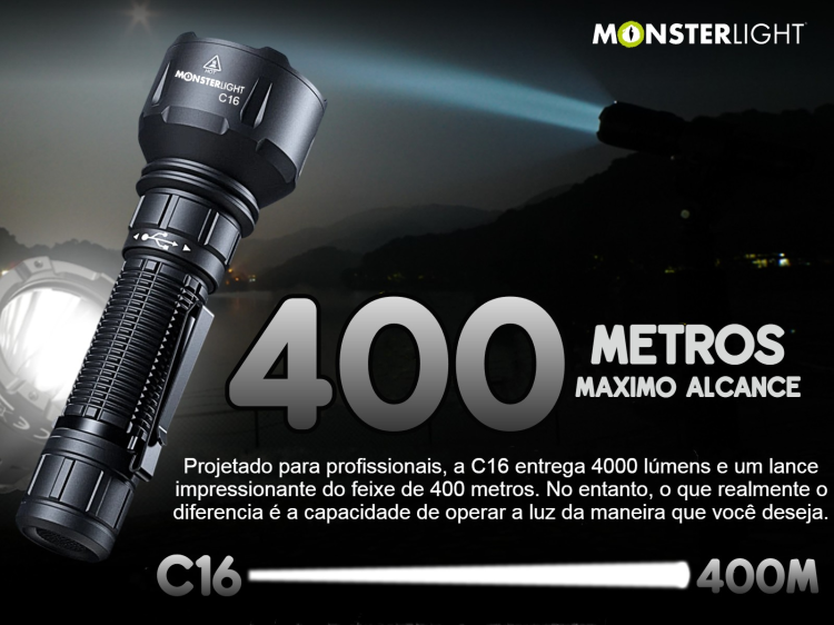 Lanterna tática Monsterlight C16 com bateria recarregável 