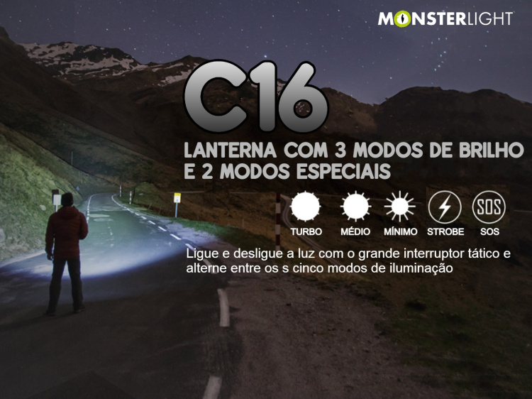 Lanterna tática Monsterlight C16 com bateria recarregável 