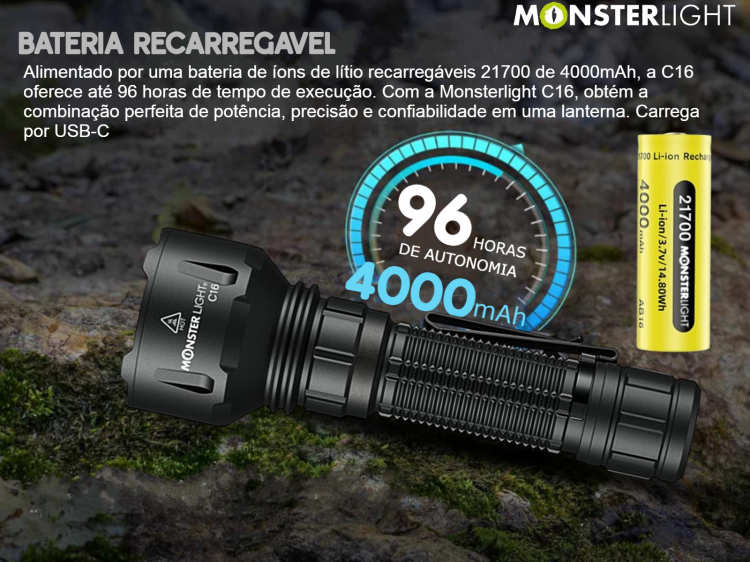 Lanterna tática Monsterlight C16 com bateria recarregável 