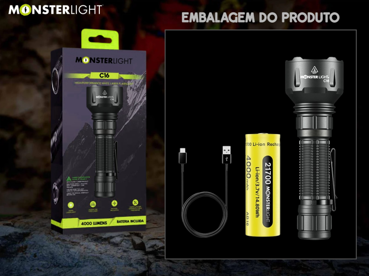 Lanterna tática Monsterlight C16 com bateria recarregável 