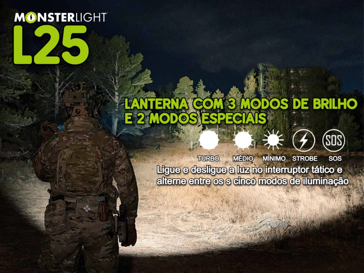 Lanterna tática Monsterlight L25 com bateria recarregável 