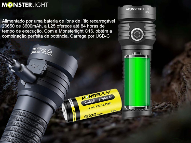 Lanterna tática Monsterlight L25 com bateria recarregável