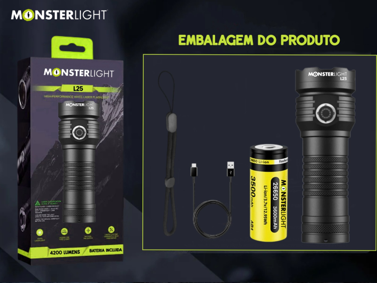 Lanterna tática Monsterlight L25 com bateria recarregável 