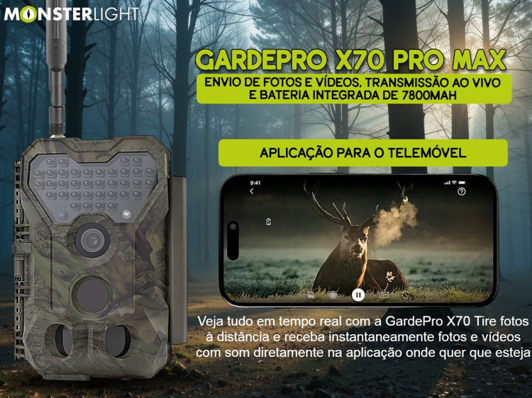 Câmera GardePro X70 Pro Max com bateria transmissão em direto envio de fotos e vídeos e GPS 