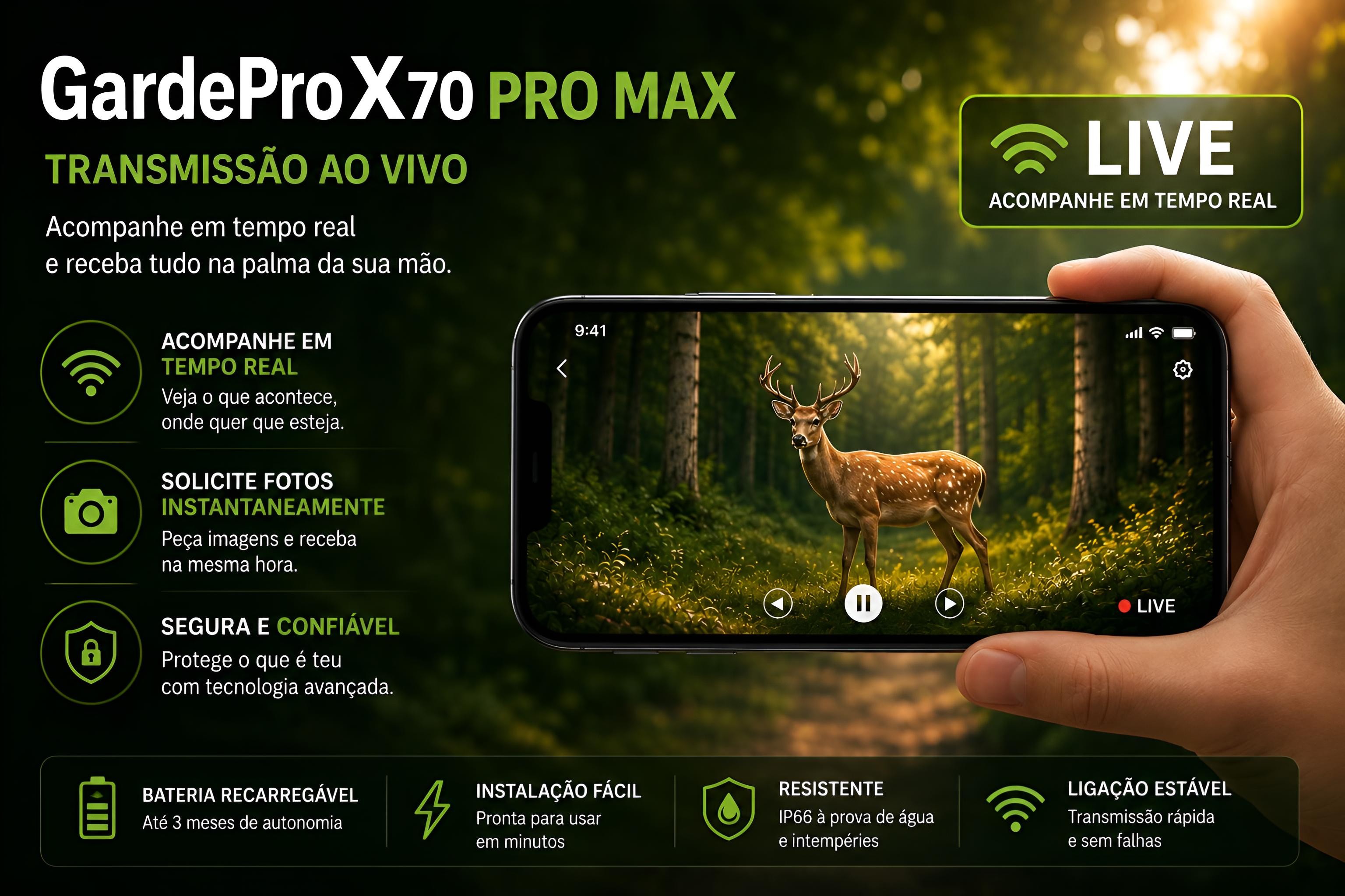 Câmera GardePro X70 Pro Max com bateria transmissão em direto envio de fotos e vídeos e GPS 