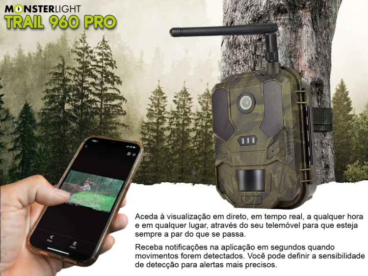 Câmera Trail 960 Pro LTE com bateria e aplicação para o telemóvel e envio de fotos e vídeos