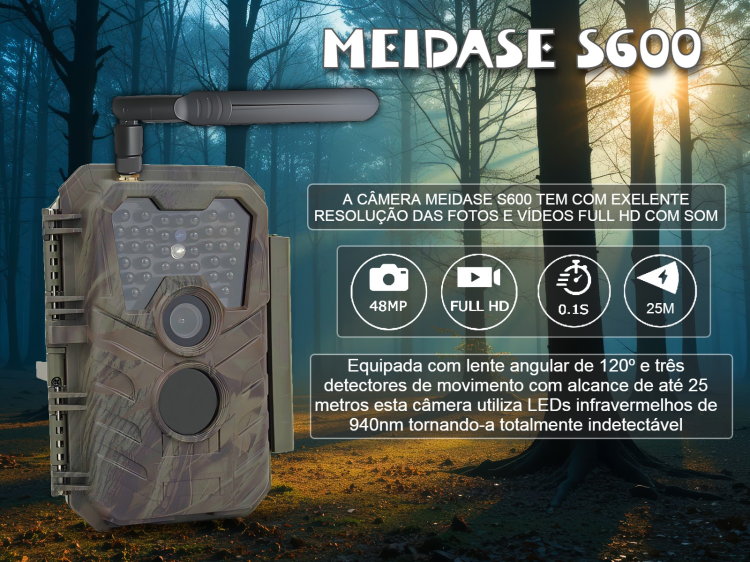 Câmera Meidase S600 LTE com aplicação para o telemóvel e envio de fotos e vídeos