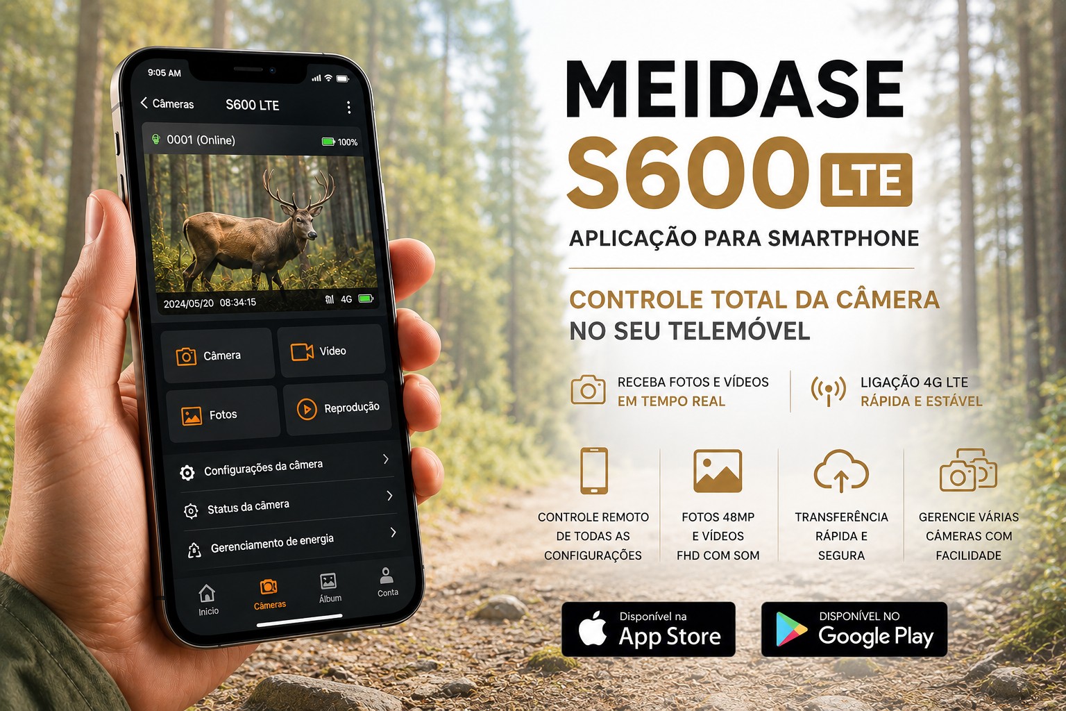 Câmera Meidase S600 LTE com aplicação para o telemóvel e envio de fotos e vídeos