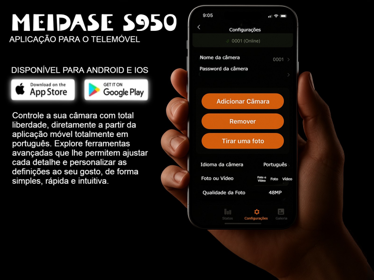 Câmera Meidase S950 LTE com bateria e aplicação para o telemóvel 