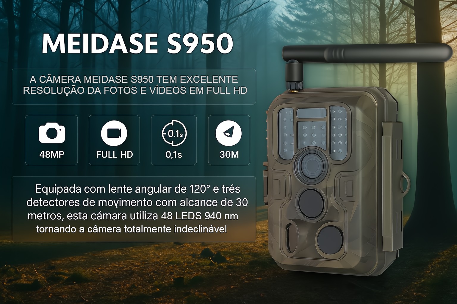 Câmera Meidase S950 LTE com bateria e aplicação para o telemóvel 