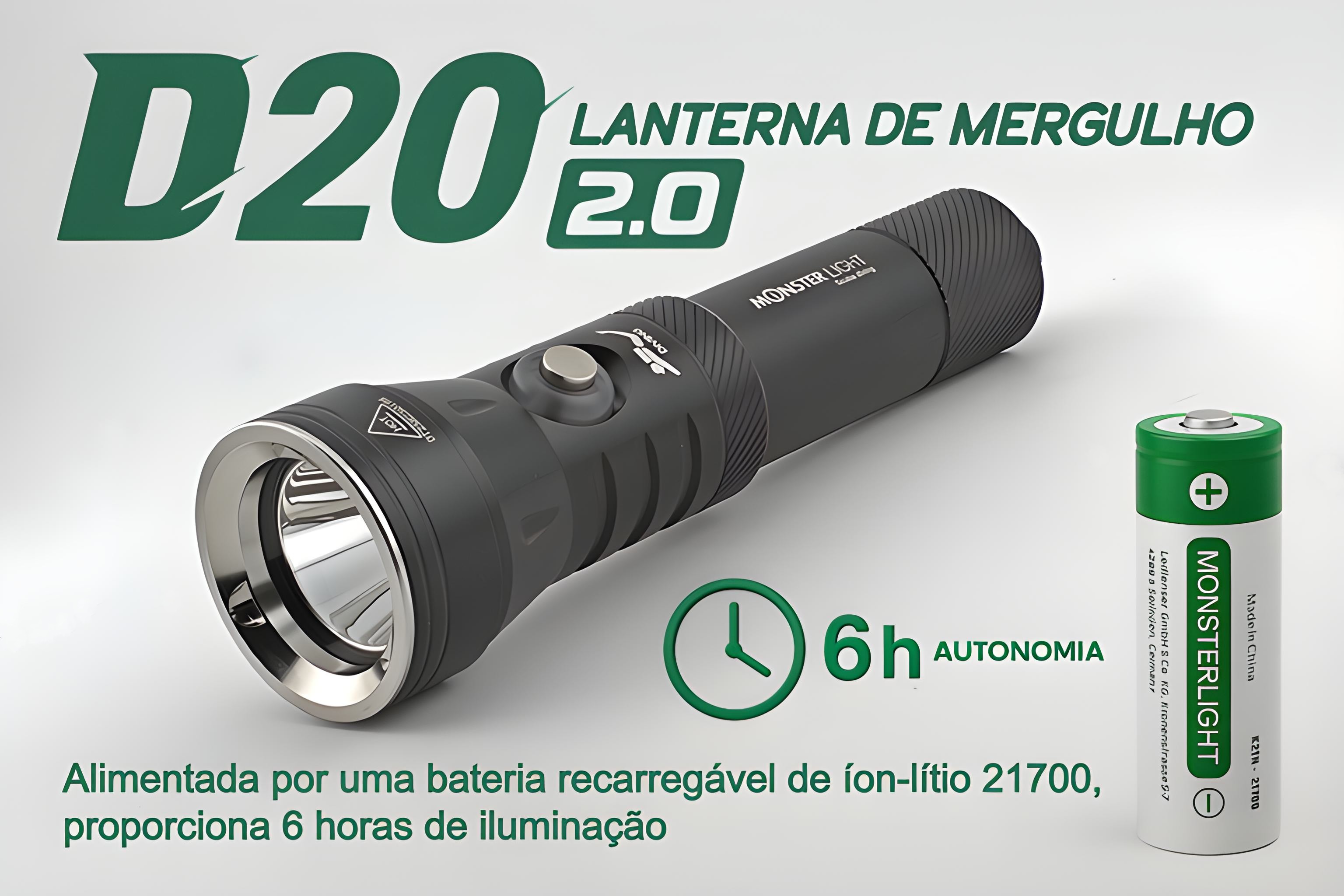 Lanterna de Mergulho D20 com bateria recarregável 