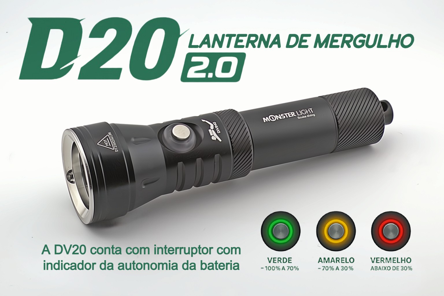 Lanterna de Mergulho D20 com bateria recarregável 