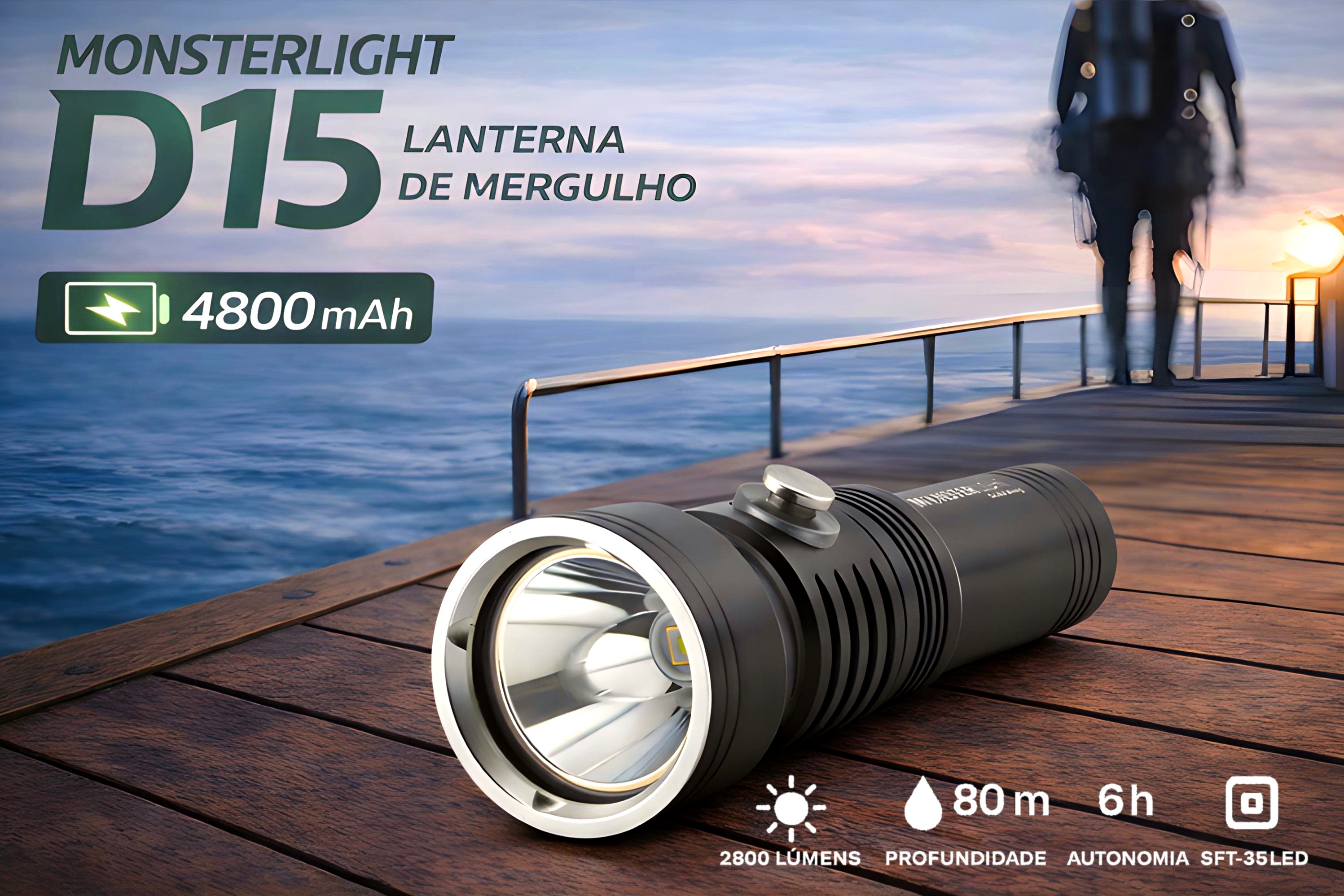 Lanterna de Mergulho D15 com bateria recarregável
